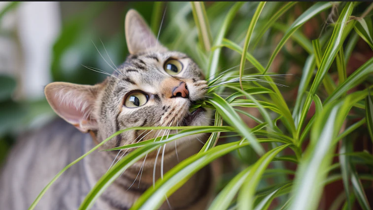 A cat eating a spider plant which is safe for them to do