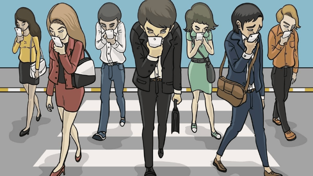 cartoon image of people glued to mobile phones