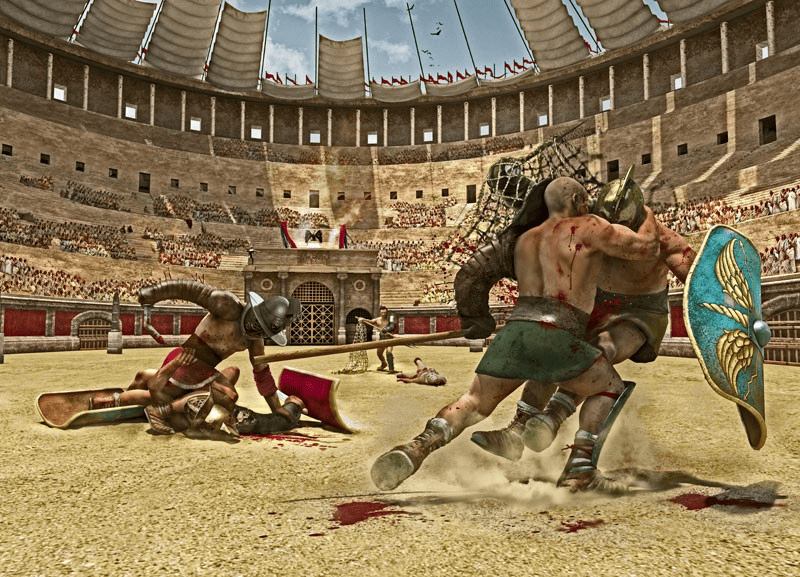 A gladiator fight in the roman colosseum