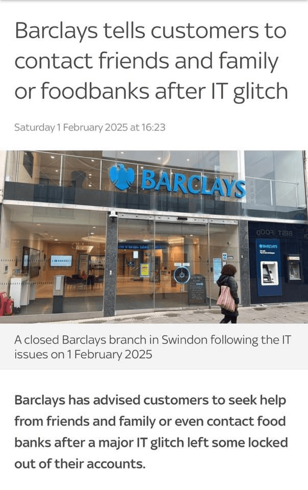 Barclays tells customers to contact friends and family or foodbanks after IT glitch